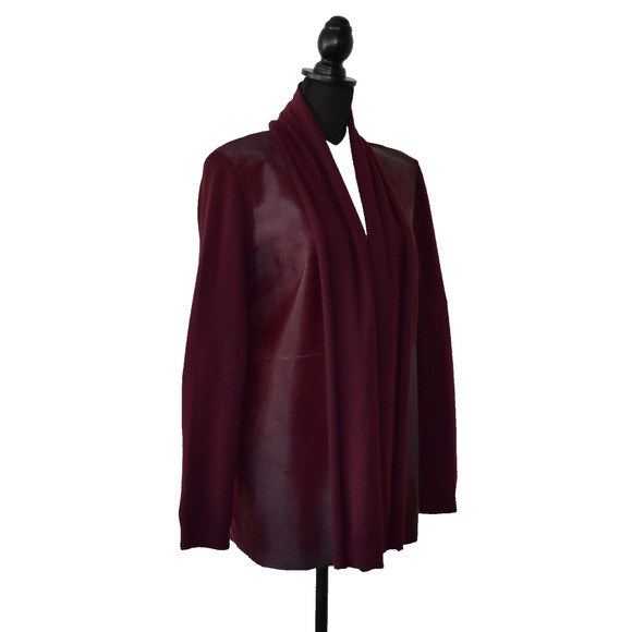 B5 Auth LAFAYETTE 148 Burgundy Hair Paneled Cashmere Open Front Cardigan Size L - Picture 2 of 4
